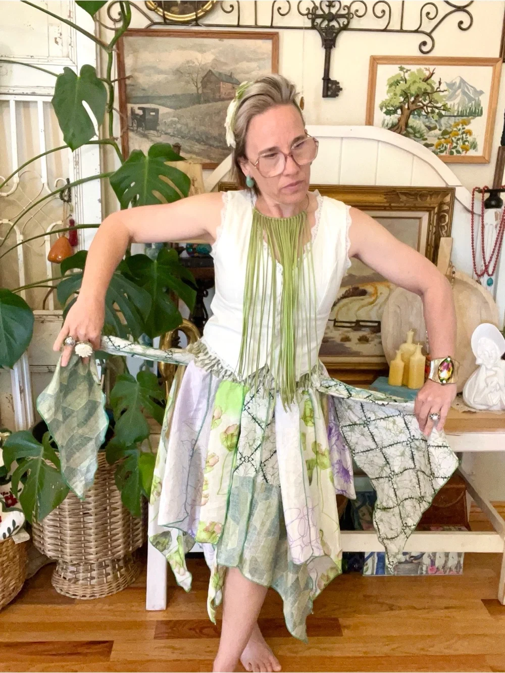New! The “Green Witch” Fairycore Flowy Scarf Skirt Or Dress Smocked